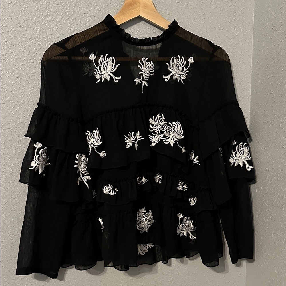 Black Ruffled Blouse with White Floral Embroidery